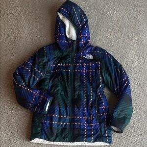 The North Face Kids Navy, Green and Orange Plaid Puffer Jacket - Teen Girl 10
